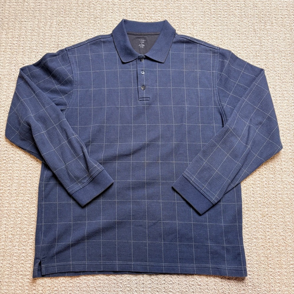 Van Heusen Studio Mens Large Blue Windowpane Long Sleeve Polo Shirt Textured L